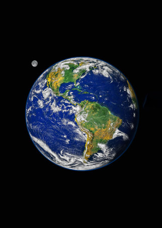Earth from space view of North and South America with Moon on vertical background. Elements of this...