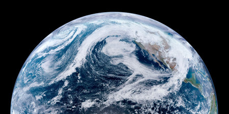 Earth from space closeup view of Pacific Ocean and clouds isolated on black background. A detailed...
