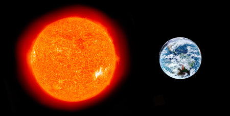 Sun and Earth daytime view showing blue ocean and white clouds isolated on black background....