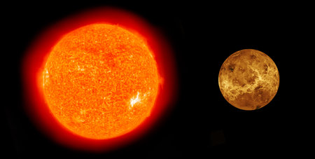 Sun and Venus planet comparison isolated on black background. A comparative astronomical concept of...