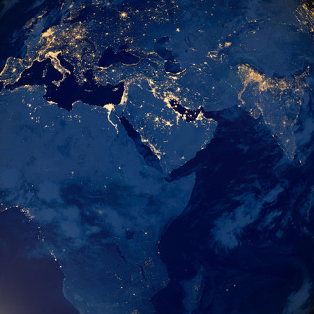 Planet Earth night view zoom in on Europe and Africa city lights from space.