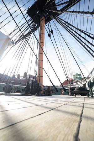 Hartlepool/UK - 11th October 2019: HMS Trincomalee tall ship masts close up on deck