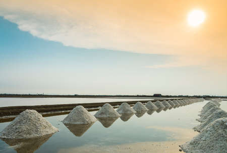 Row of salt in the salt pan with blue sky