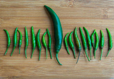 A big green chilli pepper in small Green chilli pepper on chopping blockの写真素材