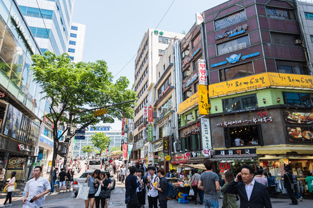 SEOUL SOUTH KOREA  MAY 10 Myeong dongshopping street on May 10 2015 in Seoul South Korea. Myeong dong shopping street is center fashion of new generation in South Koreaのeditorial素材