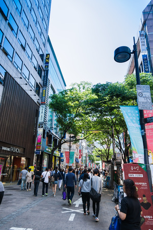 SEOUL SOUTH KOREA  MAY 10 Myeong dongshopping street on May 10 2015 in Seoul South Korea. Myeong dong shopping street is center fashion of new generation in South Koreaのeditorial素材