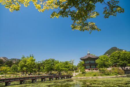 Hyangwonjeong Pavillion is beautiful building in the pondのeditorial素材