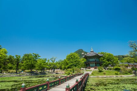 Hyangwonjeong Pavillion is beautiful building in the pondのeditorial素材
