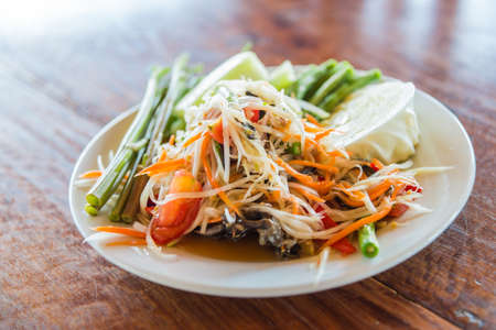 Som Tam is Thai delicious taste hot and spicy papaya salad with crabの写真素材