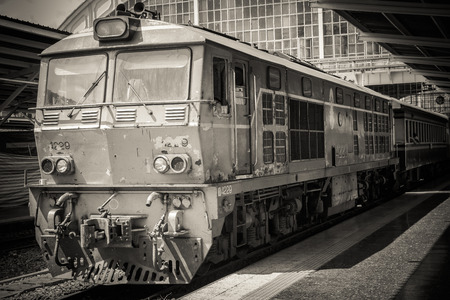 Train parking at platform in Hualampong station Bangkok Thailand with Black and white styleのeditorial素材