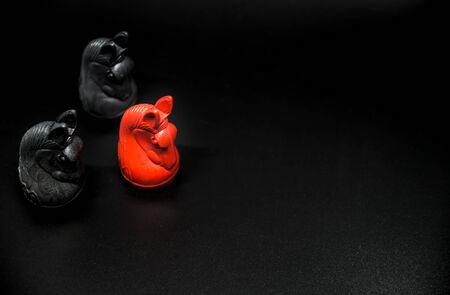 Red Knight Thai chess and Black Knight Thai chess on Black background with selective focusの写真素材
