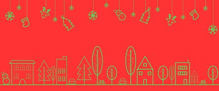 Simple green Line of urban town with red background in panorama view and hanging ornamentのイラスト素材