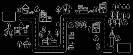 Horizontal view of simple white line urban town on black backgroundのイラスト素材