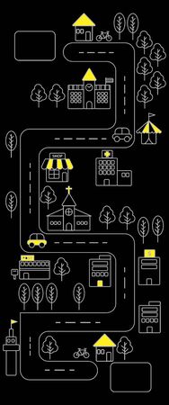 Vertical view of Simple yellow line urban town map icon on black backgroundのイラスト素材