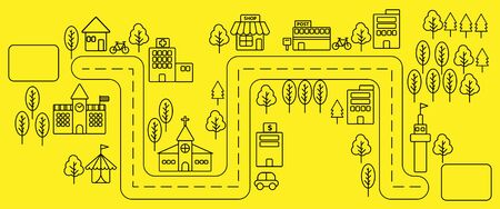Simple black line urban town map icon on yellow background