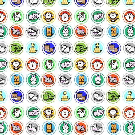 Cute animal cartoon icon for chinese zodiac vector patternのイラスト素材