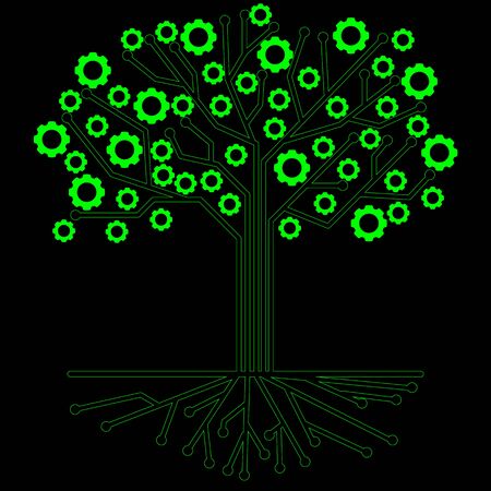 Tree of gear wheel in green color circuit style on black backgroundのイラスト素材