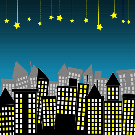 Night scene of city town with hanging starのイラスト素材
