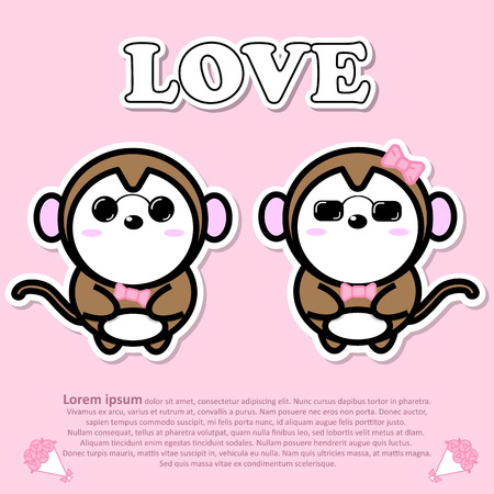 Lovely couple cute monkey wear sunglasses with pink bow tie in Valentine conceptのイラスト素材