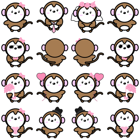 Lovely cute couple cartoon monkey collection set with variety charactor isolate vector iconのイラスト素材