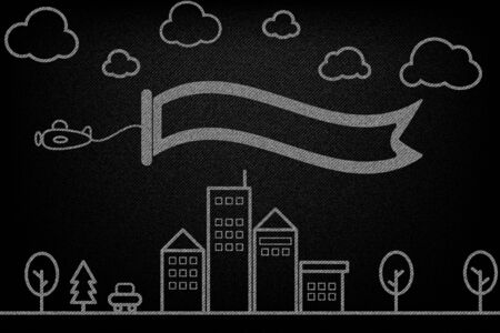 Simple white outline airplane with brochure ribbon fly on the city town in black denim texture vector design concept illustrationのイラスト素材