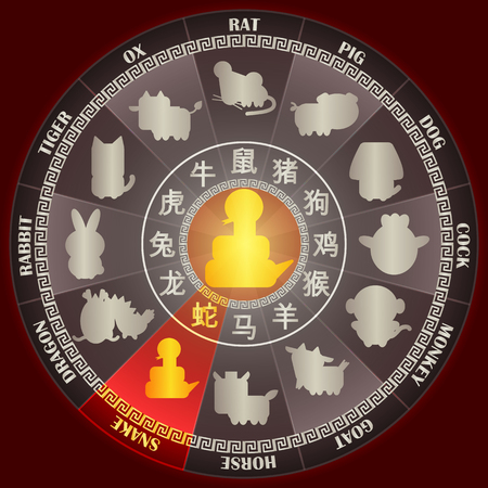 Year of SNAKE in Golden Chinese zodiac wheel with word symbol and twelve animal sign for Chinese horoscope calendar vector graphic design conceptの写真素材