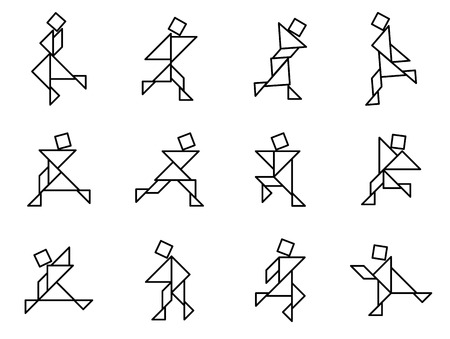 Set of Simple outline tangram people in variety action for create design icon vectorのイラスト素材