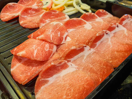 Close up raw fresh sliced pork for BBQ grillの写真素材
