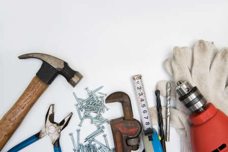 Construction Tools On Wooden Deskの写真素材