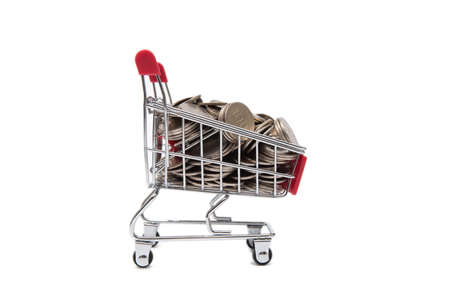 Shopping cart full of coin on white background.の写真素材