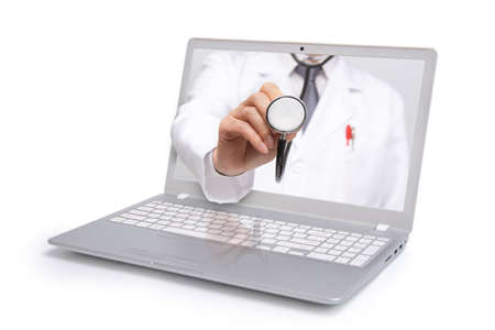 Telemedicine concept. Doctor with a stethoscope on the computer laptop screen.