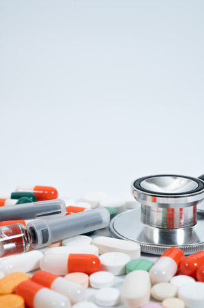 Medical concept with different types of medicines on white background. With copy space.の写真素材