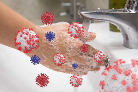 Closeup of person washing hands isolated. Cleanliness and body care concept.の写真素材