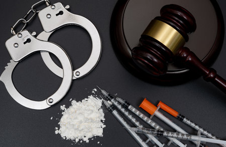 Drug crime concept with white powder and disposable syringe on black backgroundの写真素材
