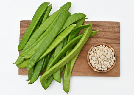 Sword beans with fresh vegetables on white backgroundの写真素材