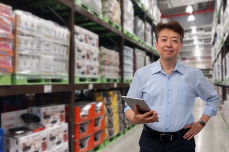 a middle-aged Asian businessman holding a tablet at a warehouse full of goodsの写真素材