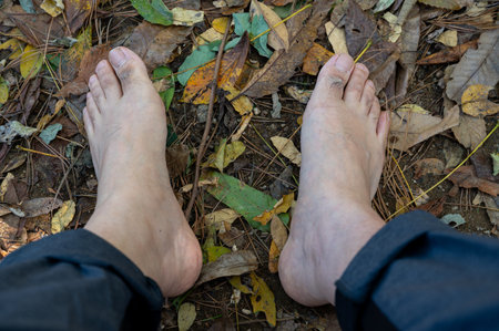 A man walking barefoot on a fallen leafy road. Healthy lifestyle conceptの写真素材