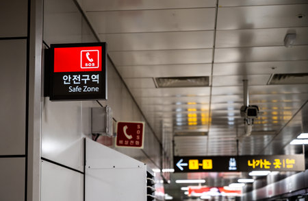 A safe zone sign with a white telephone icon and the letters "SOS" on a red backgroundの写真素材