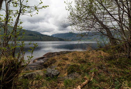 Calm lake on a moody day after rain. Early spring. Lund, Norway