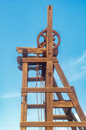 Wooden mine derrick with metal gears, Mazarron, Spainの写真素材