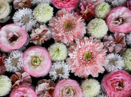 Flower arrangement of Rodgers flower, mum, ranunculus. White and pink flowers floating on water.