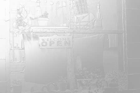 Silver 3d texture. View of a store with an "open" sign.の写真素材