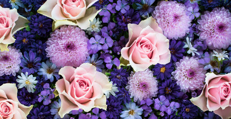 Roses and Mums. Arrangement of pink and purple flowers.の写真素材