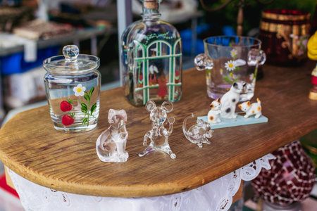 Cute glass figurines and pottery at flea marketsの写真素材
