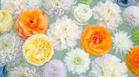 Flower arrangement of chrysanthemums, carnations, roses and ranunculus. White, yellow, orange, and purple flowers floating on water.の写真素材