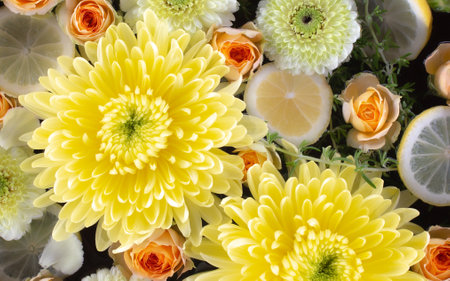 Lemons and flowers floating in waterの写真素材