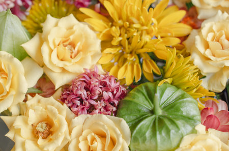 Flower Arrangement of Winter Cherry, Roses, and Chrysanthemumsの写真素材