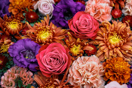 Floral background with vintage style colors. Roses, carnations, lisianthus.の写真素材