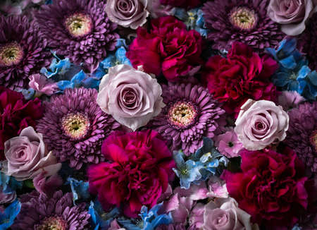 Background made of colorful flowers of gerbera, rose, carnation and delphinium.の写真素材