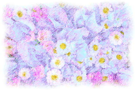 Colored pencil drawing of pink and blue flowers.の写真素材